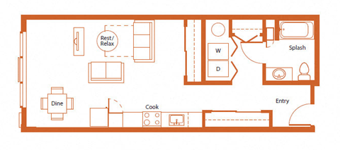 Floor plan for studio, 1 bath, 630 sqft